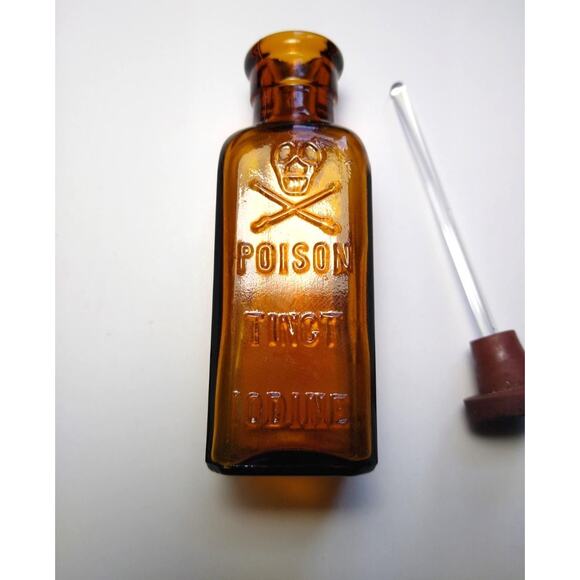 Antique Amber Glass Poison Bottle Skull & Crossbones Tincture Iodine Dropper K7 - Picture 4 of 7